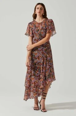 Mirella Floral Midi Dress -Chic Ladies Wear Shop ACDR100436DS ORANGEPURPLEFLORAL 1