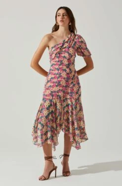 Santorini One Shoulder Midi Dress -Chic Ladies Wear Shop ACDR100550C PINKBLACKFLORAL 2
