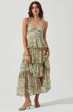 Midsummer Floral Tiered Maxi Dress -Chic Ladies Wear Shop ACDR101226B GREENORANGEMULTIFLORAL 0707