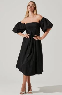 Carlin Off Shoulder Puff Sleeve Midi Dress -Chic Ladies Wear Shop ACDR101554 BLACK 1