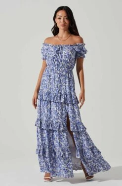 Viona Floral Off Shoulder Tiered Maxi Dress -Chic Ladies Wear Shop ACDR101591 BLUEWHITEMULTI 1
