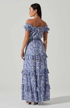 Viona Floral Off Shoulder Tiered Maxi Dress -Chic Ladies Wear Shop ACDR101591 BLUEWHITEMULTI 5