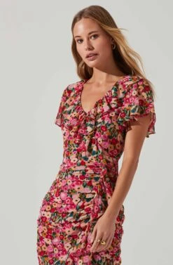 Vilma Floral Ruched Midi Dress -Chic Ladies Wear Shop ACDR101621 REDMULTIFLORAL 3
