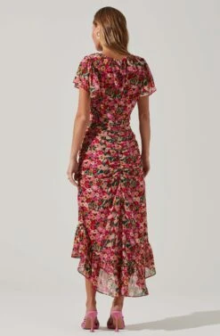 Vilma Floral Ruched Midi Dress -Chic Ladies Wear Shop ACDR101621 REDMULTIFLORAL 6
