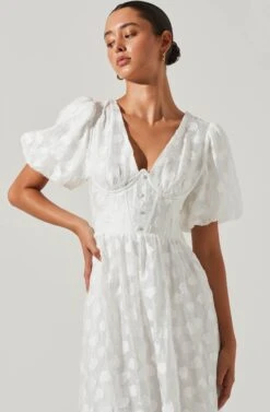 Sandy Polka Dot Puff Sleeve Midi Dress -Chic Ladies Wear Shop ACDR101622 WHITEJACQUARD 2