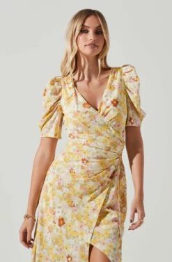 Martina Floral Ruched Midi Dress -Chic Ladies Wear Shop ACDR101635 YELLOWRUSTFLORL 3