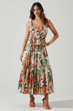 Almina Floral Pleated Midi Dress -Chic Ladies Wear Shop ACDR101638 TAUPEORANGEMULTI 1