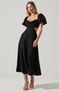 Winley Puff Sleeve Cutout Midi Dress -Chic Ladies Wear Shop ACDR101685 BLACK 1