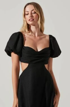 Winley Puff Sleeve Cutout Midi Dress -Chic Ladies Wear Shop ACDR101685 BLACK 2