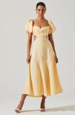 Winley Puff Sleeve Cutout Midi Dress -Chic Ladies Wear Shop ACDR101685 LEMON 1