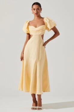 Winley Puff Sleeve Cutout Midi Dress -Chic Ladies Wear Shop ACDR101685 LEMON 2