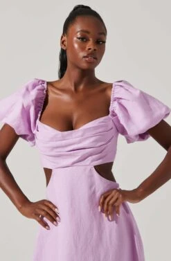 Winley Puff Sleeve Cutout Midi Dress -Chic Ladies Wear Shop ACDR101685 LILAC 2