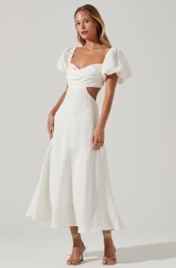 Winley Puff Sleeve Cutout Midi Dress -Chic Ladies Wear Shop ACDR101685 OFFWHITE 2