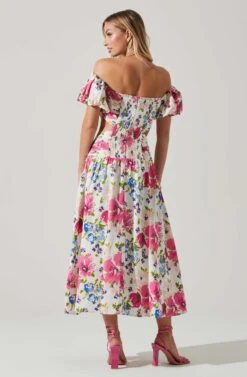 Liliosa Floral Off Shoulder Midi Dress -Chic Ladies Wear Shop ACDR101726 PINKMULTI 2600