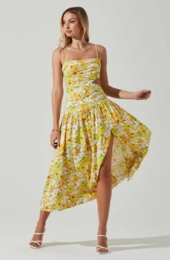 Kalina Floral Pleated Bust Midi Dress -Chic Ladies Wear Shop ACDR101728 YELLOWFLORAL 1