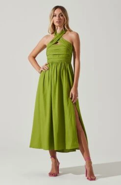 Zaria Pleated Halter Midi Dress -Chic Ladies Wear Shop ACDR101778 AVOCADO 1