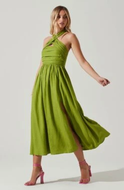 Zaria Pleated Halter Midi Dress -Chic Ladies Wear Shop ACDR101778 AVOCADO 2