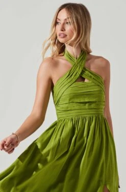 Zaria Pleated Halter Midi Dress -Chic Ladies Wear Shop ACDR101778 AVOCADO 3
