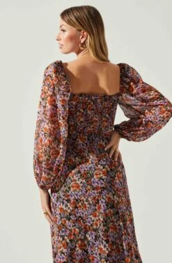 Sylvie Floral Puff Sleeve Midi Dress -Chic Ladies Wear Shop ACDR101889 ORANGEPURPLEFLORAL 5