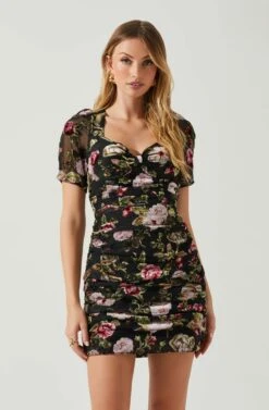 Elandra Floral Burnout Puff Sleeve Mini Dress -Chic Ladies Wear Shop ACDR101928SH BLACKREDFLORAL 4