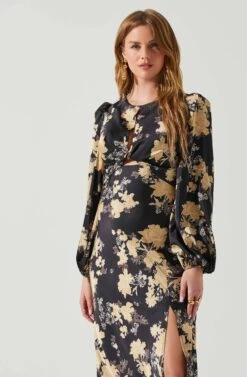 Suzy Floral Satin Front Cutout Midi Dress -Chic Ladies Wear Shop ACDR101971 BLACKCREAMFLORAL 4