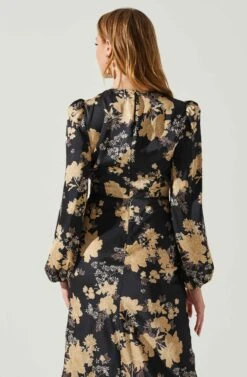 Suzy Floral Satin Front Cutout Midi Dress -Chic Ladies Wear Shop ACDR101971 BLACKCREAMFLORAL 6