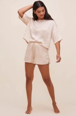 Rosabel Satin Tie Front Shorts -Chic Ladies Wear Shop ACP7208 CHAMPAGNE 1