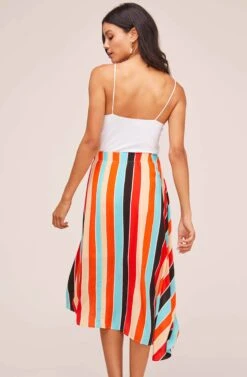 Monica Striped Midi Skirt -Chic Ladies Wear Shop ACS9020 AQUA ORANGE STRIPE 4A
