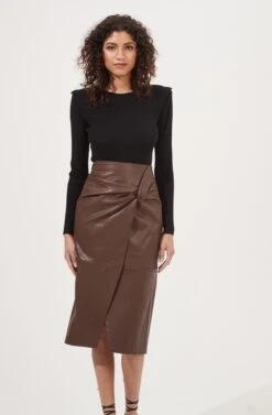Kari Faux Leather Twist Front Midi Skirt -Chic Ladies Wear Shop ACS9076 BROWN 2
