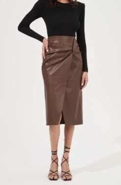 Kari Faux Leather Twist Front Midi Skirt -Chic Ladies Wear Shop ACS9076 BROWN 3