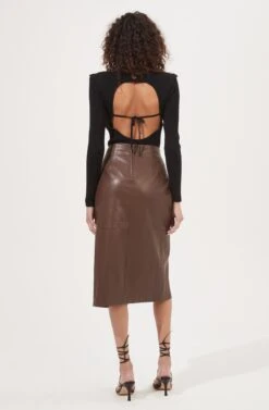 Kari Faux Leather Twist Front Midi Skirt -Chic Ladies Wear Shop ACS9076 BROWN 5