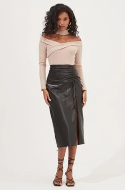 Alondra Ruched Faux Leather Midi Skirt -Chic Ladies Wear Shop ACS9082 BLACK 1