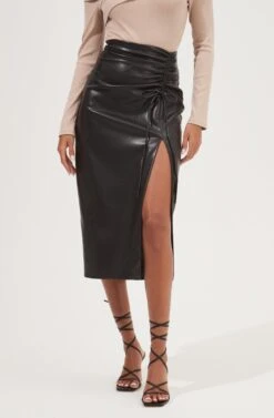 Alondra Ruched Faux Leather Midi Skirt -Chic Ladies Wear Shop ACS9082 BLACK 3