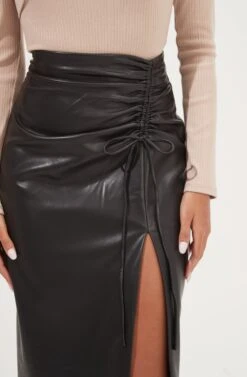 Alondra Ruched Faux Leather Midi Skirt -Chic Ladies Wear Shop ACS9082 BLACK 4