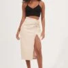 Alondra Ruched Faux Leather Midi Skirt -Chic Ladies Wear Shop ACS9082 CREAM 1