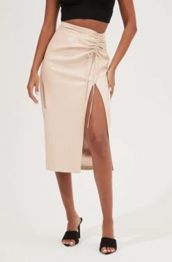 Alondra Ruched Faux Leather Midi Skirt -Chic Ladies Wear Shop ACS9082 CREAM 3