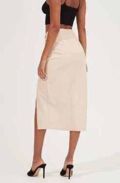 Alondra Ruched Faux Leather Midi Skirt -Chic Ladies Wear Shop ACS9082 CREAM 6