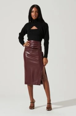 Melody Faux Leather Midi Skirt -Chic Ladies Wear Shop ACS9099 WINE 0898