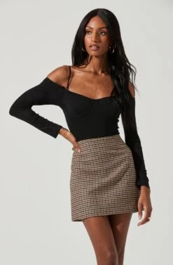 Alessa Cold Shoulder Long Sleeve Bodysuit -Chic Ladies Wear Shop ACS9107 BROWNBLACK 0654