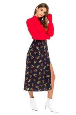 Button Side Slit Midi Skirt -Chic Ladies Wear Shop ACS923B NAVY CHERRY PRINT 02