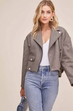 Boxy Woven Moto Jacket -Chic Ladies Wear Shop ACT15082 GREY WHITE COMBO 2