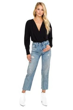 Pleated V-Neck Bodysuit -Chic Ladies Wear Shop ACT15293 BLACK 01