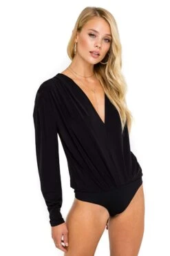 Pleated V-Neck Bodysuit -Chic Ladies Wear Shop ACT15293 BLACK 05