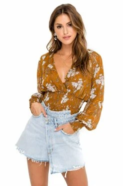 Smocked Wrap Front Floral Top 12 Smocked Wrap Front Floral Top -Chic Ladies Wear Shop ACT15366 CARAMEL ORANGE FLORAL 04