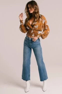 Smocked Wrap Front Floral Top 13 Smocked Wrap Front Floral Top -Chic Ladies Wear Shop ACT15366 CARAMEL ORANGE FLORAL 6