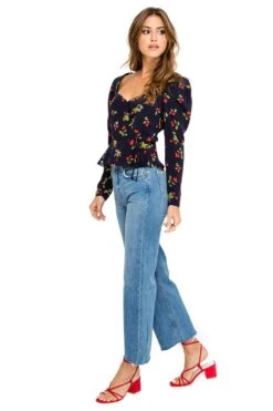 Long Sleeve Sweetheart Wrap Front Top -Chic Ladies Wear Shop ACT15390 NAVY CHERRY PRINT 03
