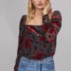 Demetria Floral Print Velvet Bodysuit -Chic Ladies Wear Shop ACT15670 RED VELVET FLORAL 2A