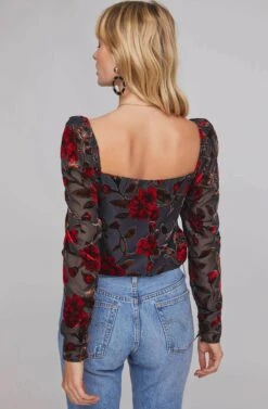 Demetria Floral Print Velvet Bodysuit -Chic Ladies Wear Shop ACT15670 RED VELVET FLORAL 4A