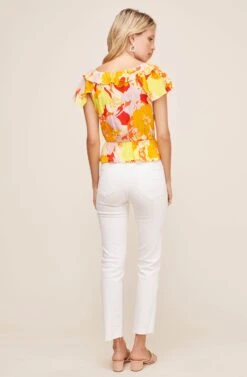 Belize Floral Ruffle Top -Chic Ladies Wear Shop ACT16035 YELLOW ORANGE TROPICAL FLORAL 3