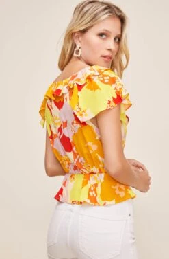 Belize Floral Ruffle Top -Chic Ladies Wear Shop ACT16035 YELLOW ORANGE TROPICAL FLORAL 4